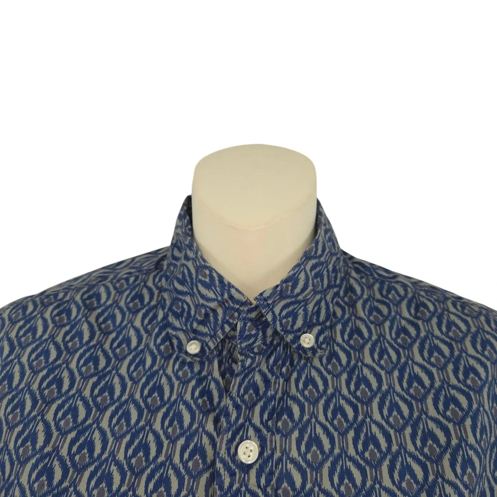 JCrew Mens XS Blue Ikat Print Short Sleeve Button Down Shirt‎ Preppy Classic